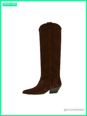 Suede Cowboy Boots Pointed Toe Chunky Heels Knee High Pull On